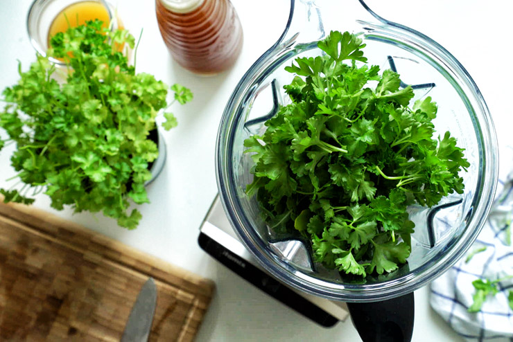 Rocket kombucha smoothie with celery, cucumber and parsley - a garden gnome full of green energy - the parsley